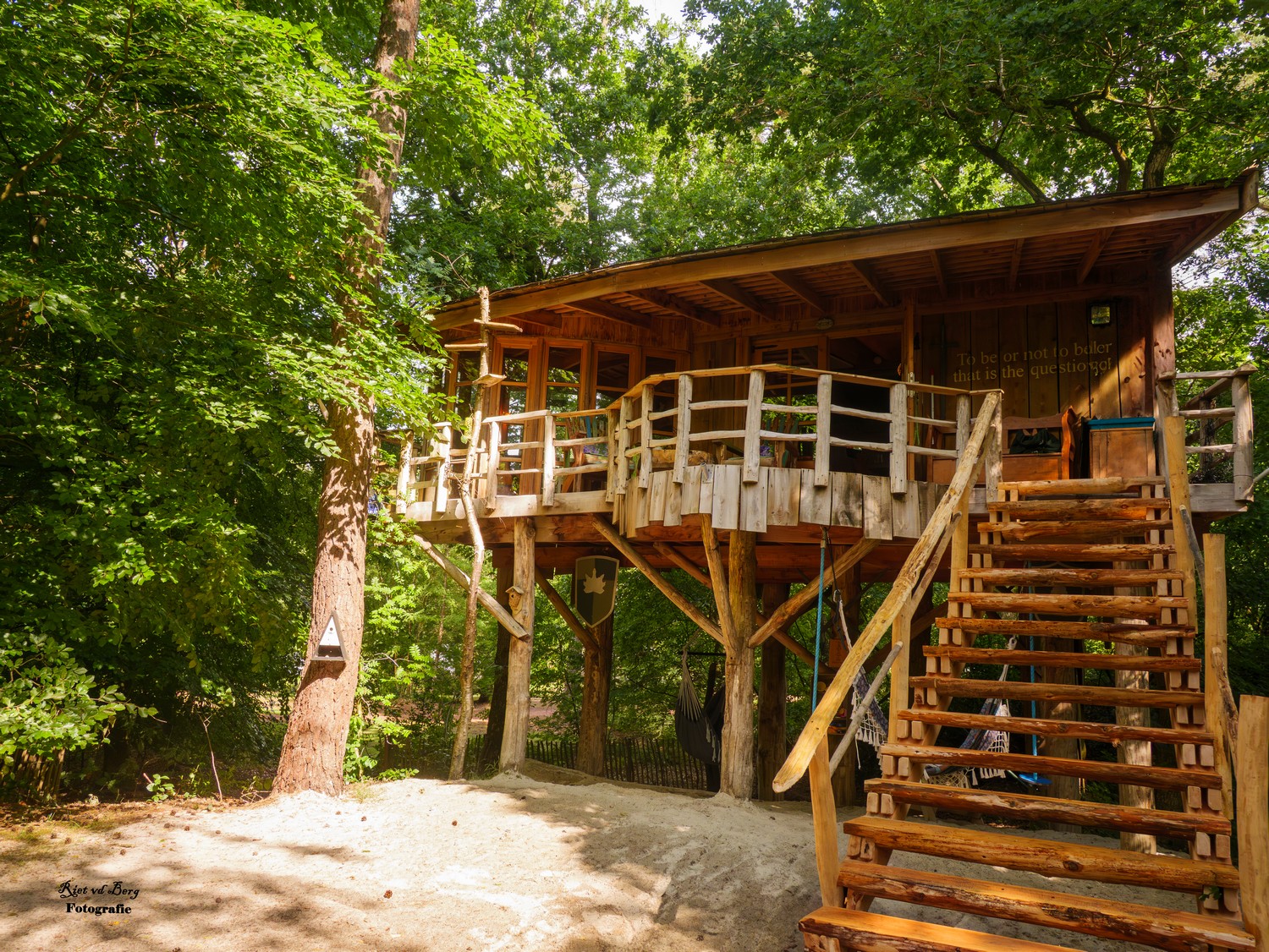 Baumhaus XXL mit Treppe und Terrasse in der Höhe auf Camping Diever